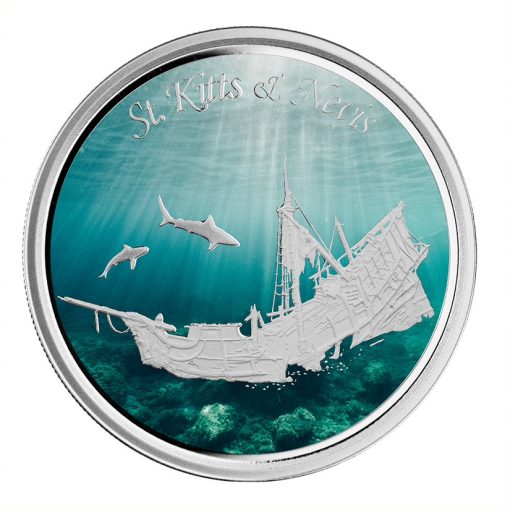 2021年 (新品) セントキッツ＆ネイビス「沈没船」純銀 1オンス カラープルーフ 銀貨 - 画像 (2)