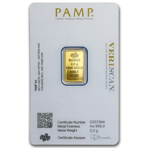 (New) 2.5 gram Pamp Swiss 24K Gold Bar .9999 in Assay Card - Image 2