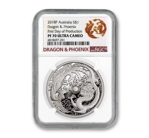 2018 (New) Australia Dragon and Phoenix Silver 1 oz Proof Coin (NGC First Day of Production PF70 Ultra Cameo)