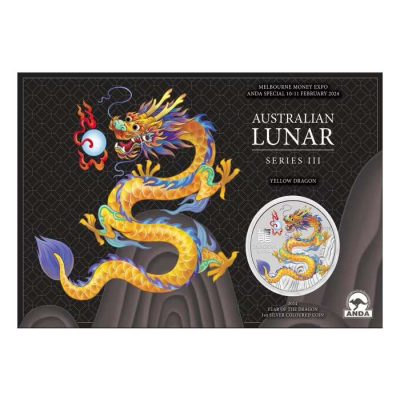 2024 (New) Australian Year of the Dragon Lunar Yellow Dragon Melbourne Money Expo ANDA Special Silver 1 oz Color Coin