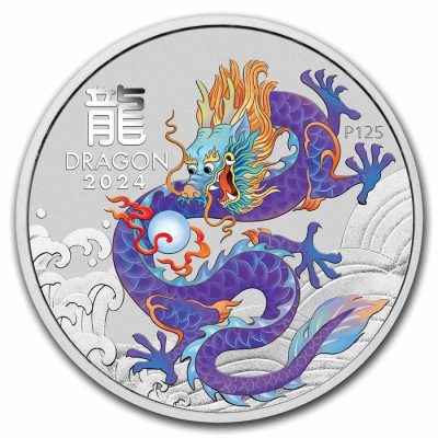 2024 (New) Australian Lunar Year of the Dragon Purple Dragon Silver 1 oz Color Coin