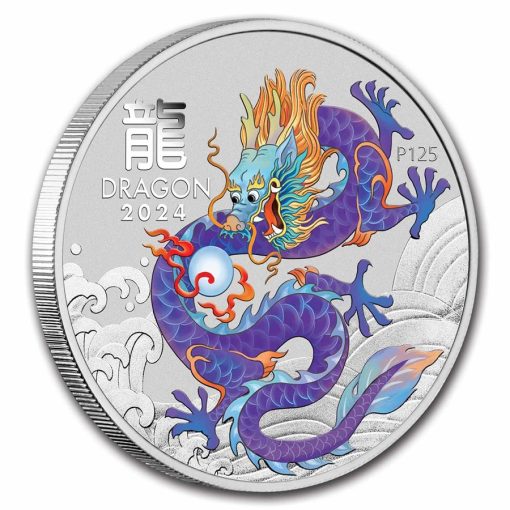 2024 (New) Australian Lunar Year of the Dragon Purple Dragon Silver 1 oz Color Coin - Image 3