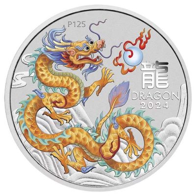 2024 (New) Australian Lunar Year of the Dragon Golden Dragon Silver 1 oz Color Coin