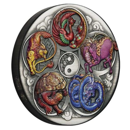2024年 (新品) ツバル「縁起の良い五つの生き物」純銀 5オンス アンティーク カラー 銀貨 - 画像 (3)