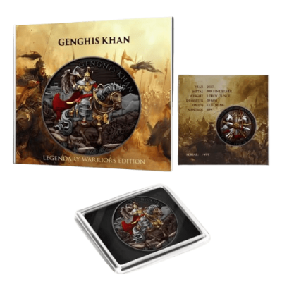 (New) USA Legendary Warriors Genghis Khan Silver 1 oz Color Round