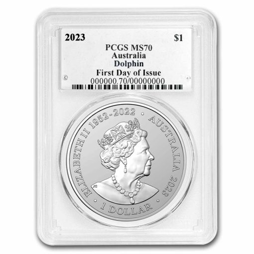 2023年 (新品) オーストラリア「シワハイルカ・ドルフィン」純銀 1オンス 銀貨 PCGS MS70 (発行初日) - 画像 (2)