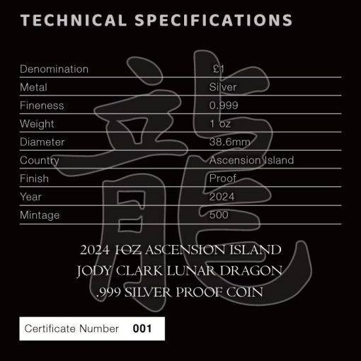 2024年 (新品) アセンション島「ジョディ・クラーク 干支 十二支・辰年 龍年」純銀 1オンス プルーフ 銀貨 - 画像 (7)