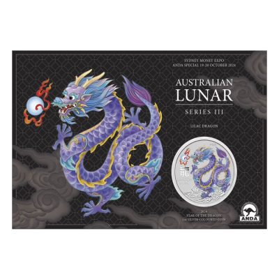 2024 (New) Australian Year of the Dragon Lunar Lilac Dragon Sydney Money Expo ANDA Special Silver 1 oz Color Coin