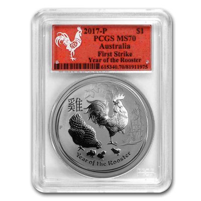 2017 (New) Australian Year of the Rooster Lunar 1 oz Silver Coin PCGS MS70 (FirstStrike, Red Label)