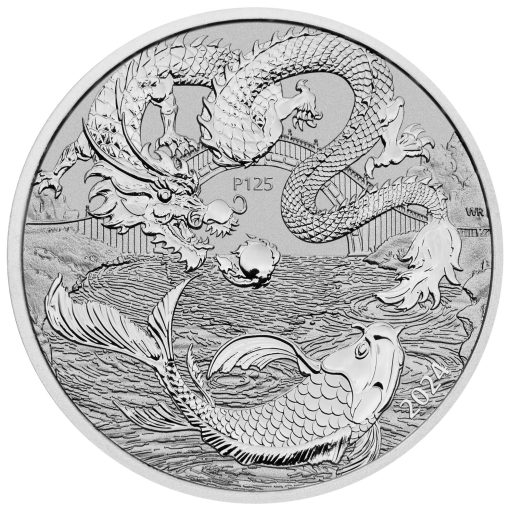 2024年 (新品) オーストラリア「ドラゴン・龍と鯉」純プラチナ 1オンス リバースプルーフ プラチナ貨 - 画像 (2)